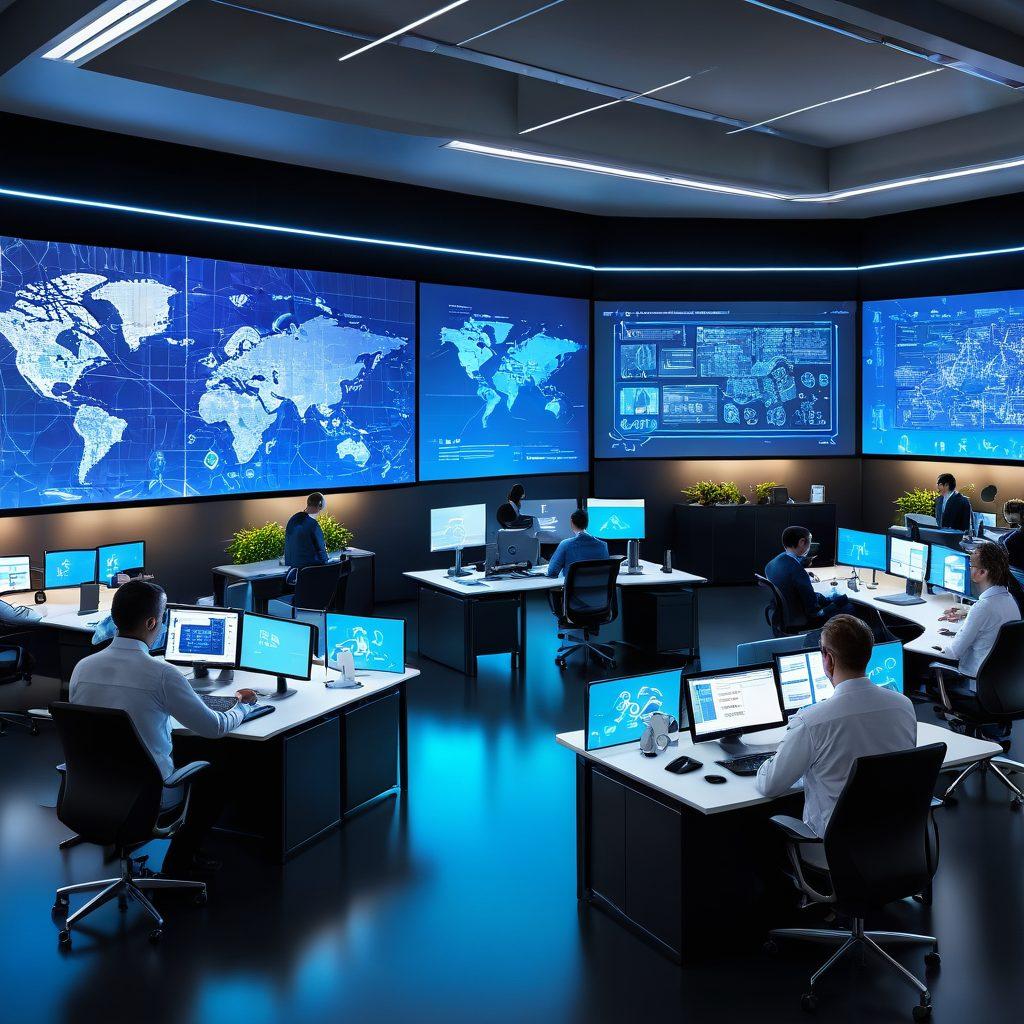 A futuristic image of a diverse group of professionals collaborating in a sleek, high-tech office, surrounded by digital screens displaying insurance data and technology interfaces. Highlight elements like AI algorithms, claims processing animations, and virtual reality simulations to emphasize innovation. Incorporate symbols of protection, such as shields and networks, overlayed with circuit patterns. The overall atmosphere should convey a transformative, optimistic view of the insurance industry shaped by technology. super-realistic. vibrant colors. 3D.