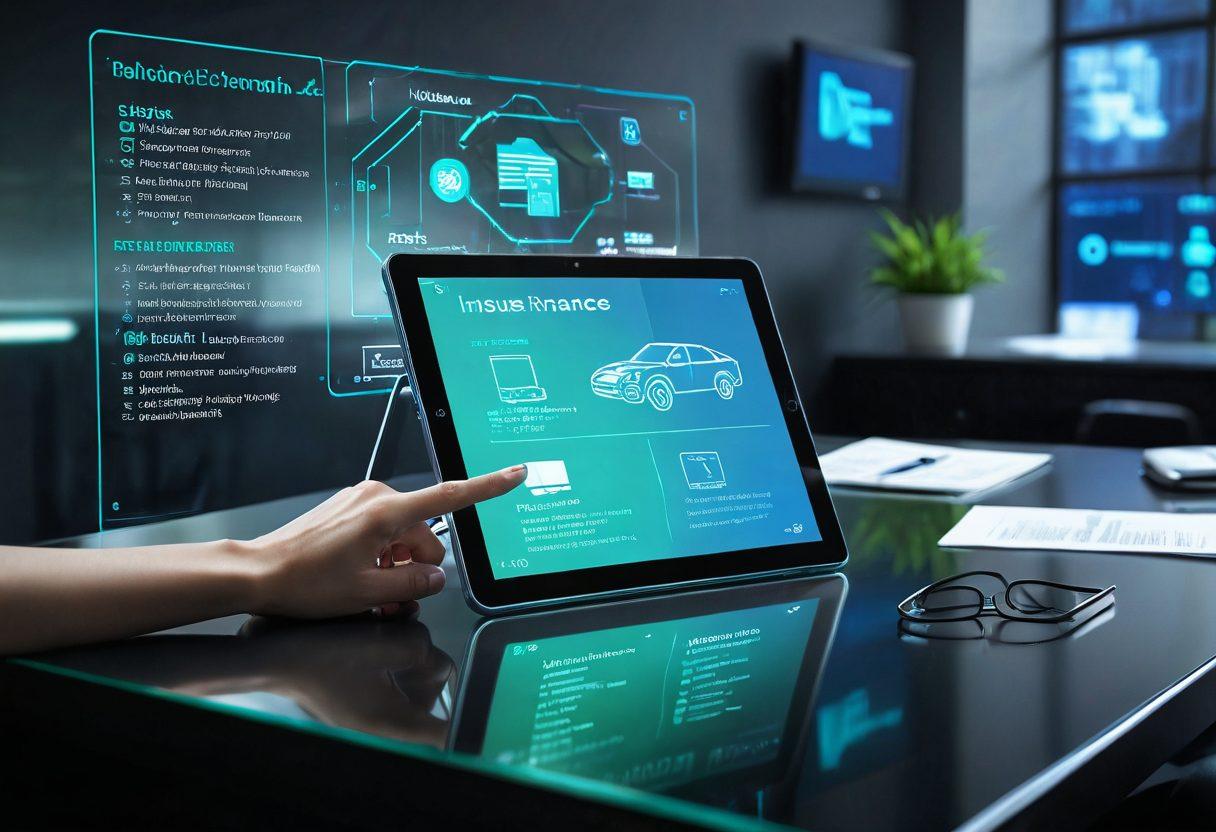 A futuristic office setting showcasing a digital tablet displaying various insurance policies and quotes. Surrounding the tablet, abstract holographic icons representing different types of insurance (car, health, home) float in the air. A professional person using a virtual assistant to understand the details. Vibrant, high-tech aesthetics with a blend of soft blue and green colors. cyberpunk. super-realistic.