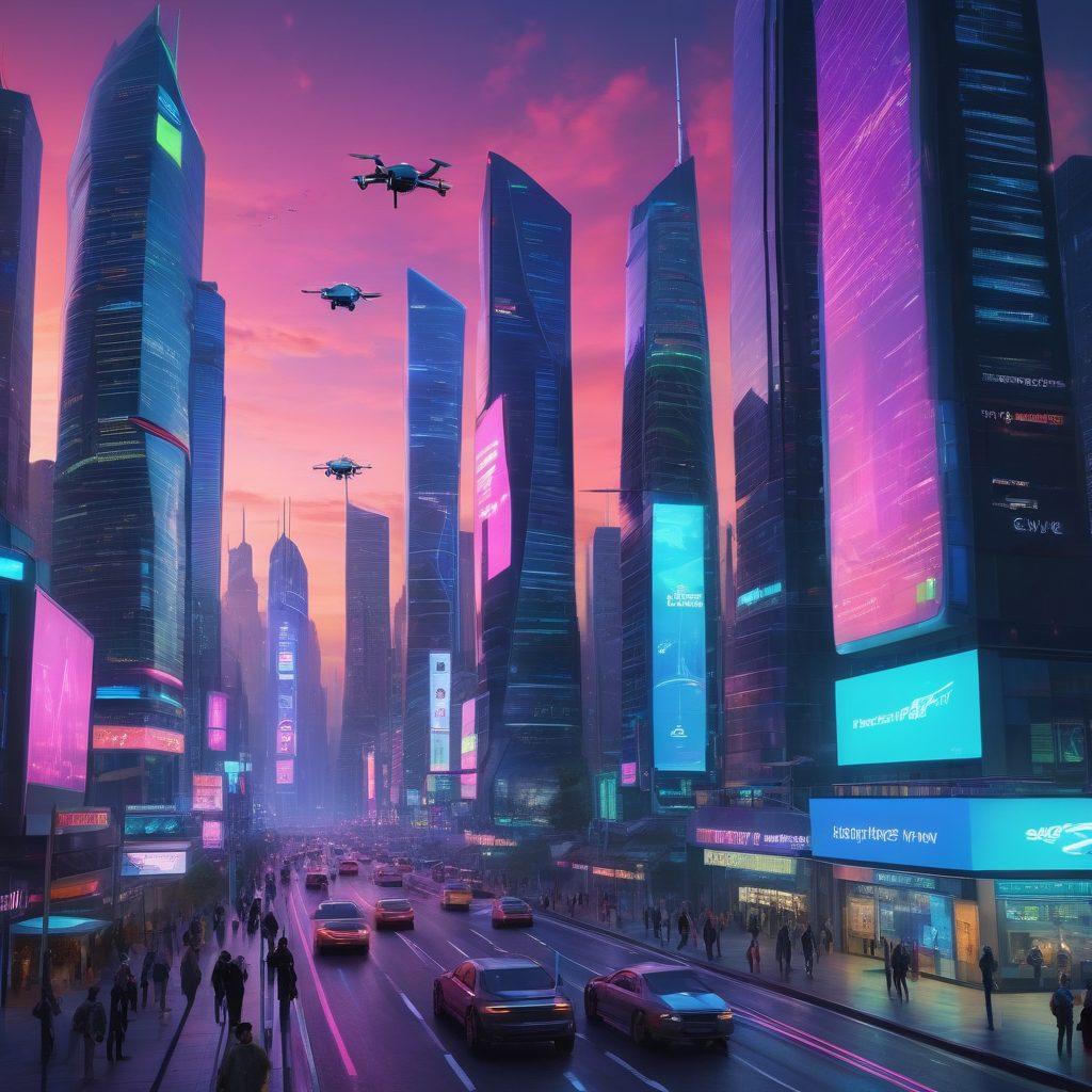 A futuristic cityscape at dusk, featuring glowing digital screens displaying various insurance services, people utilizing holographic interfaces to navigate their options, flying drones delivering documents, and vibrant neon lights illuminating the scene. super-realistic. vibrant colors. cyberpunk.